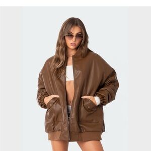 Brand New Edikted Brown Faux Leather Women's Oversized Bomber Jacket